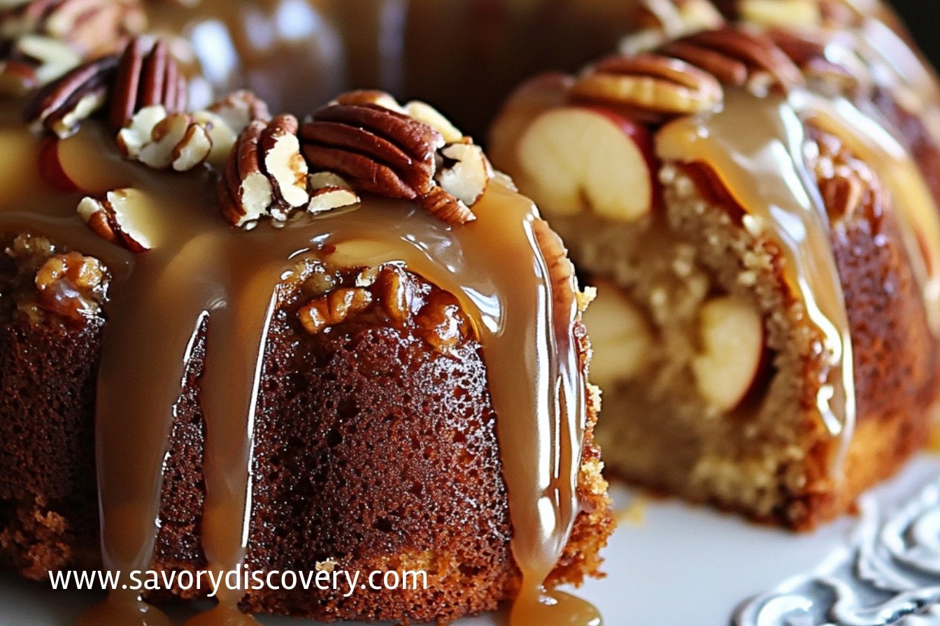 Gâteau aux pommes et pacanes avec glaçage caramel