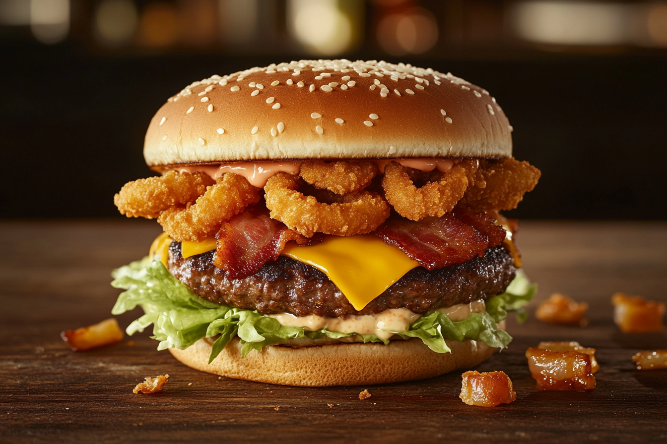 Burger chargé avec oignons frits