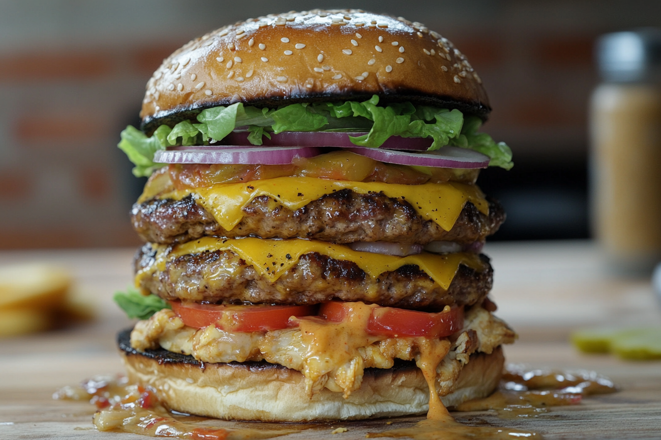 Burger empilé de boeuf et poulet