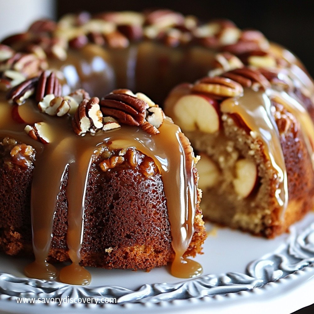 Gâteau aux pommes et pacanes avec glaçage caramel