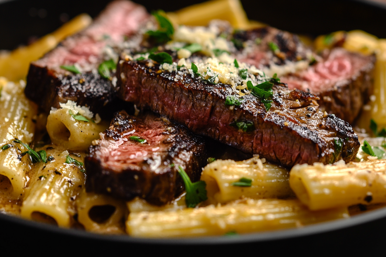 Steak à l'ail et rigatoni crémeux