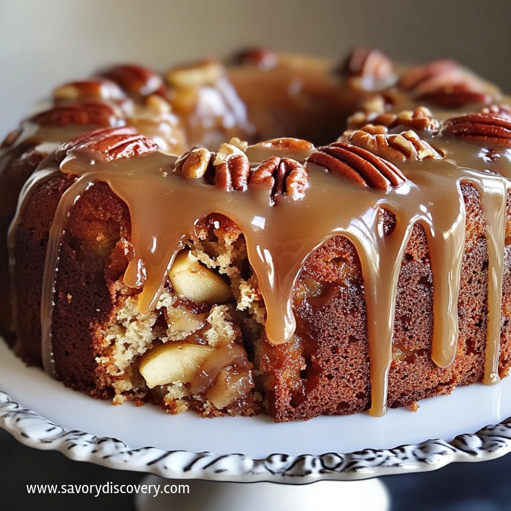 Gâteau aux pommes et pacanes avec glaçage caramel