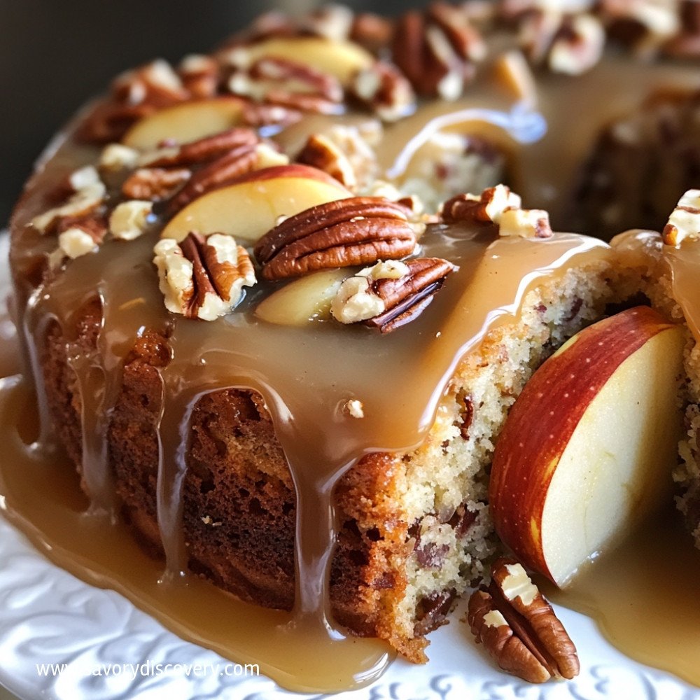 Gâteau aux pommes et pacanes avec glaçage caramel