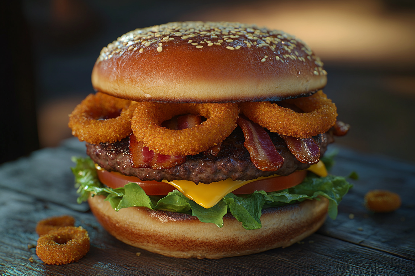 Burger chargé avec oignons frits
