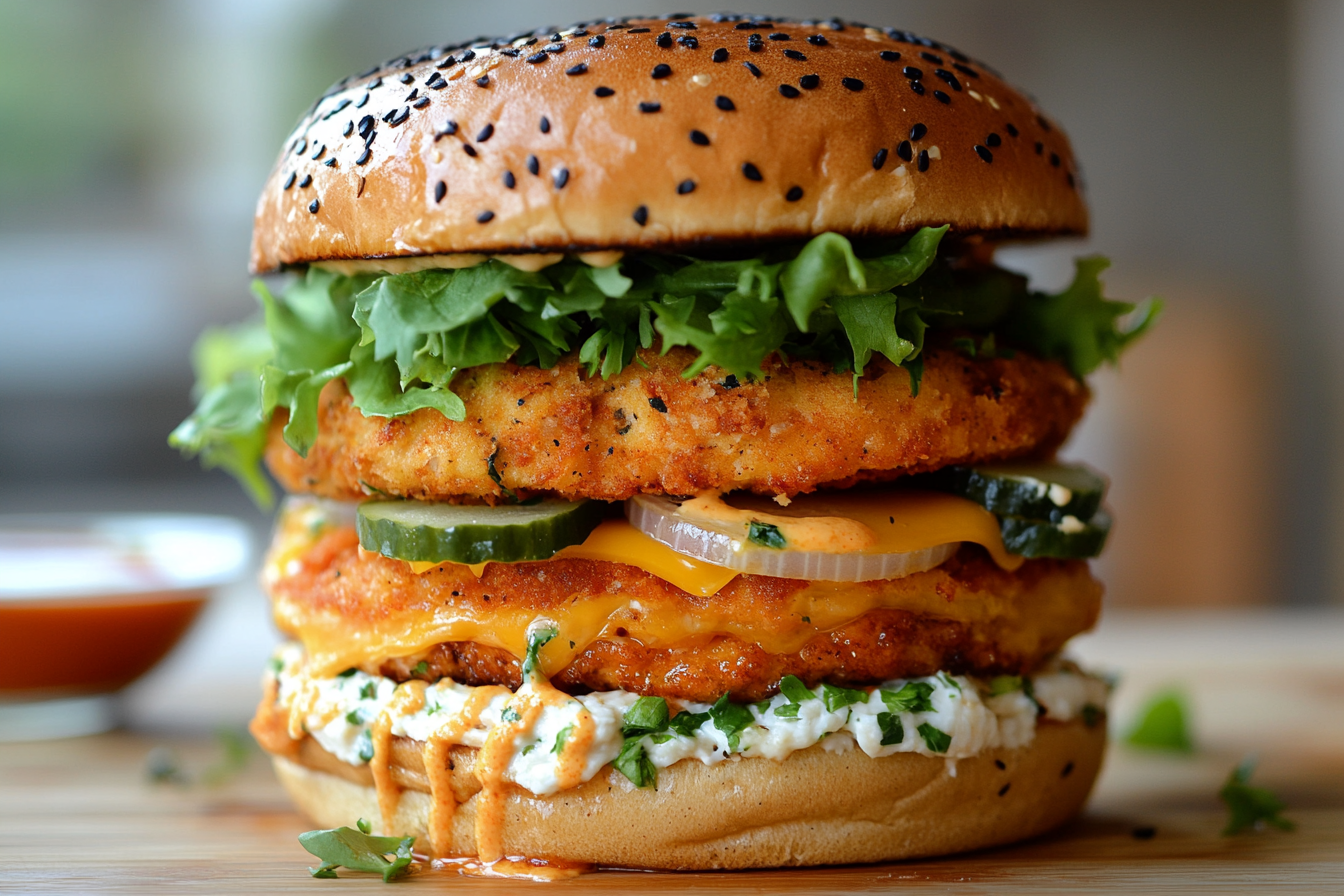 Burger empilé de boeuf et poulet