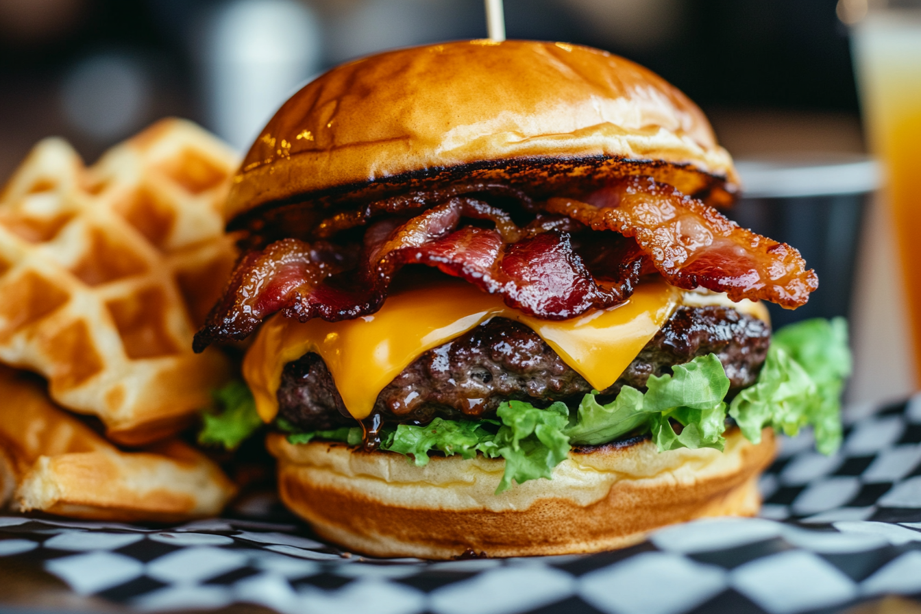 Burger gaufreaux au bacon et érable