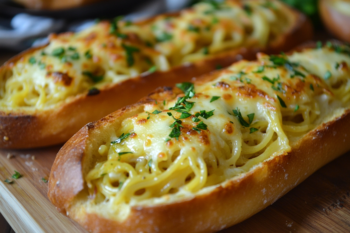 Pain à l'ail farci de spaghetti