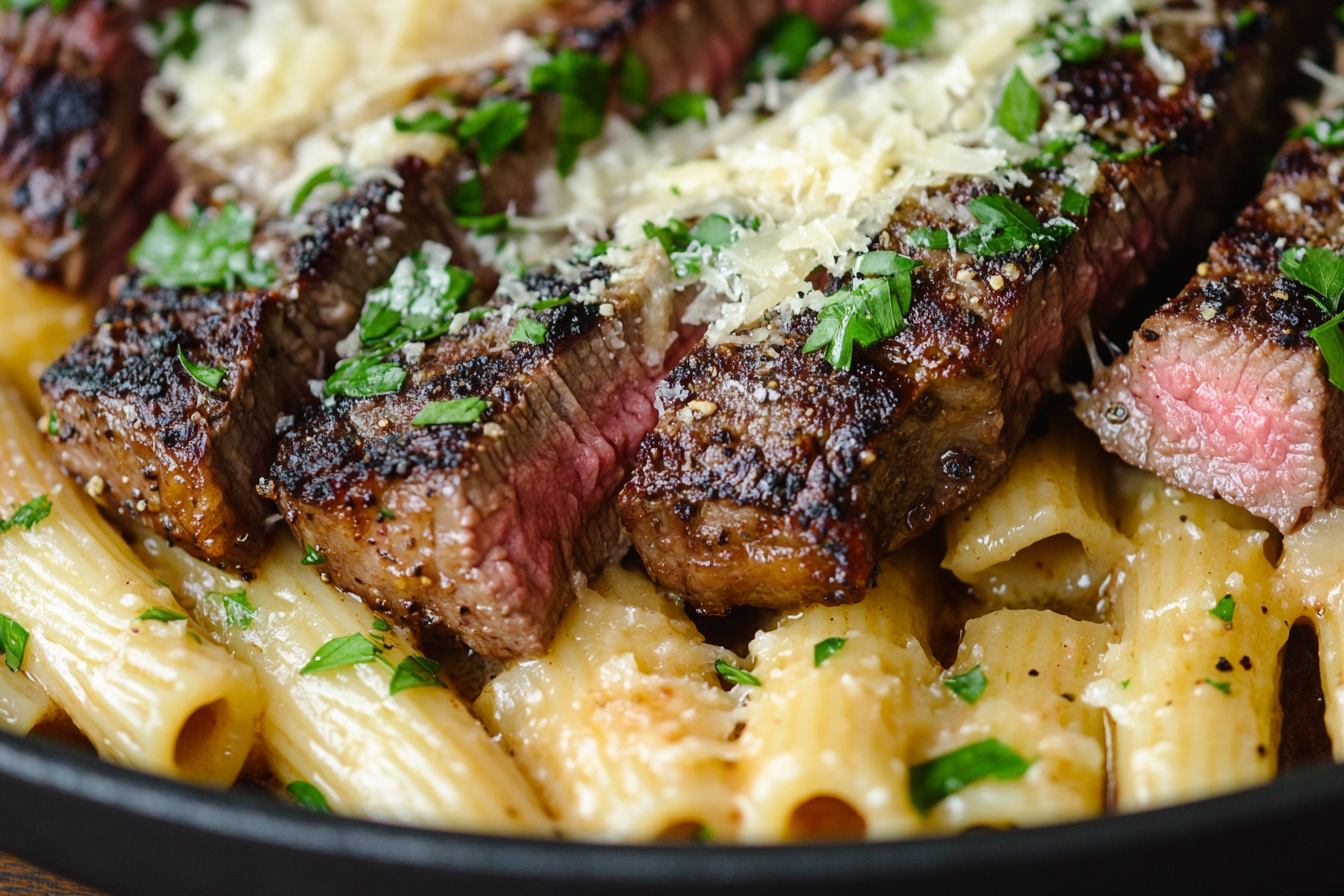 Steak à l'ail et rigatoni crémeux